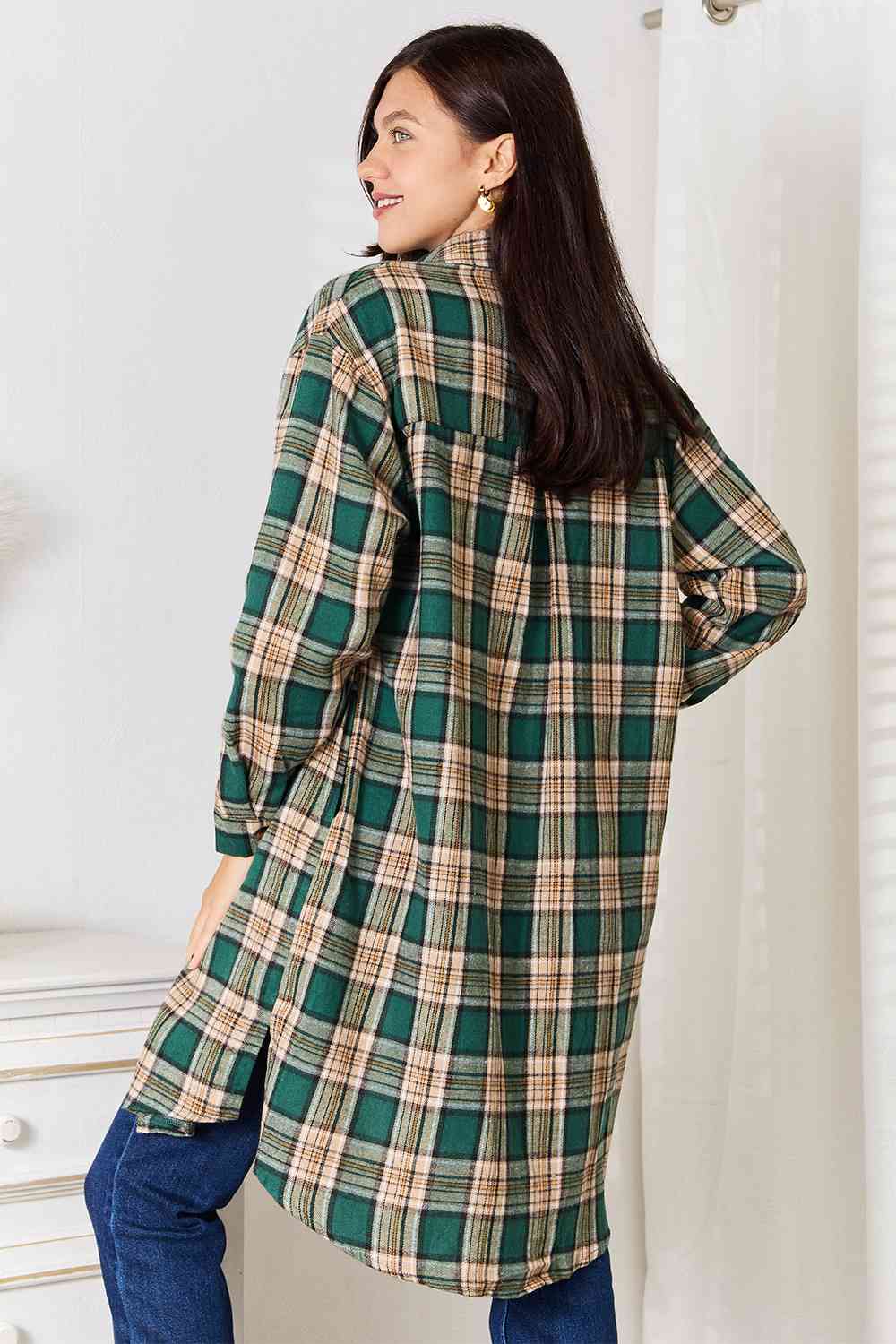 Double Take Plaid Collared Neck Long Sleeve Shirt *