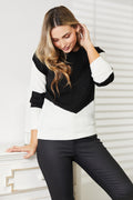 Double Take Two-Tone Openwork Rib-Knit Sweater *