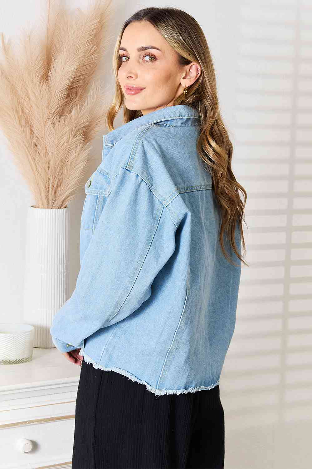 Double Take Dropped Shoulder Raw Hem Denim Jacket *